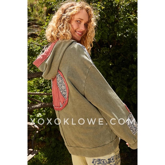 POL Olive French Terry Hoodie | Vintage Wash Peace & Floral Patchwork - Picture 7 of 10